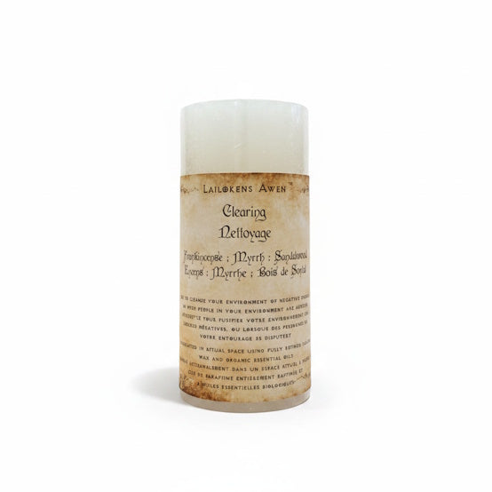 handcrafted white candle made with frankincense, myrrh and sandalwood and used to clear your environment of negative energy