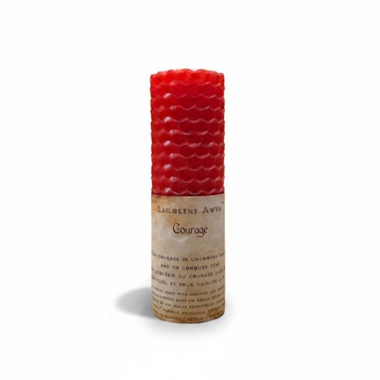 Handcrafted red beeswax spell candle made using a blend of essential oils and Used to attain courage in uncomfortable situations, and to conquer fear