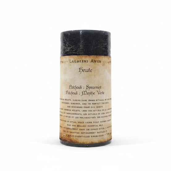 Handcrafted black scented spell candle made with patchouli and spearmint, and Used to honour Hecate, during Dark Moon rituals, or for endings, banishings, bindings, or to protect the home and newborns from evil spirits