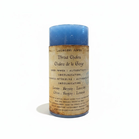 Handcrafted light blue candle made with lemon, benzoin, and lavender and Used to balance your throat chakra, and for inner power, authenticity, communication, empowerment, and expression