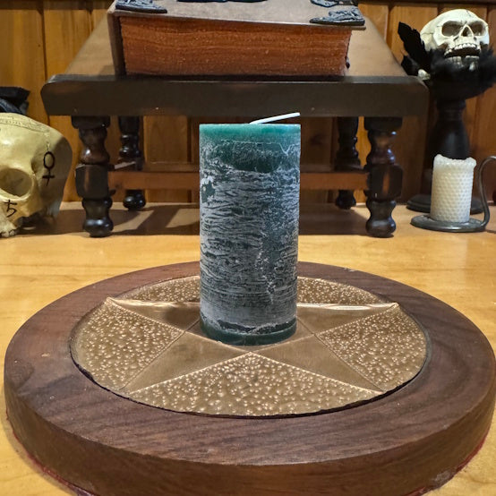 dark green scented spell pillar candle handcrafted in ritual space