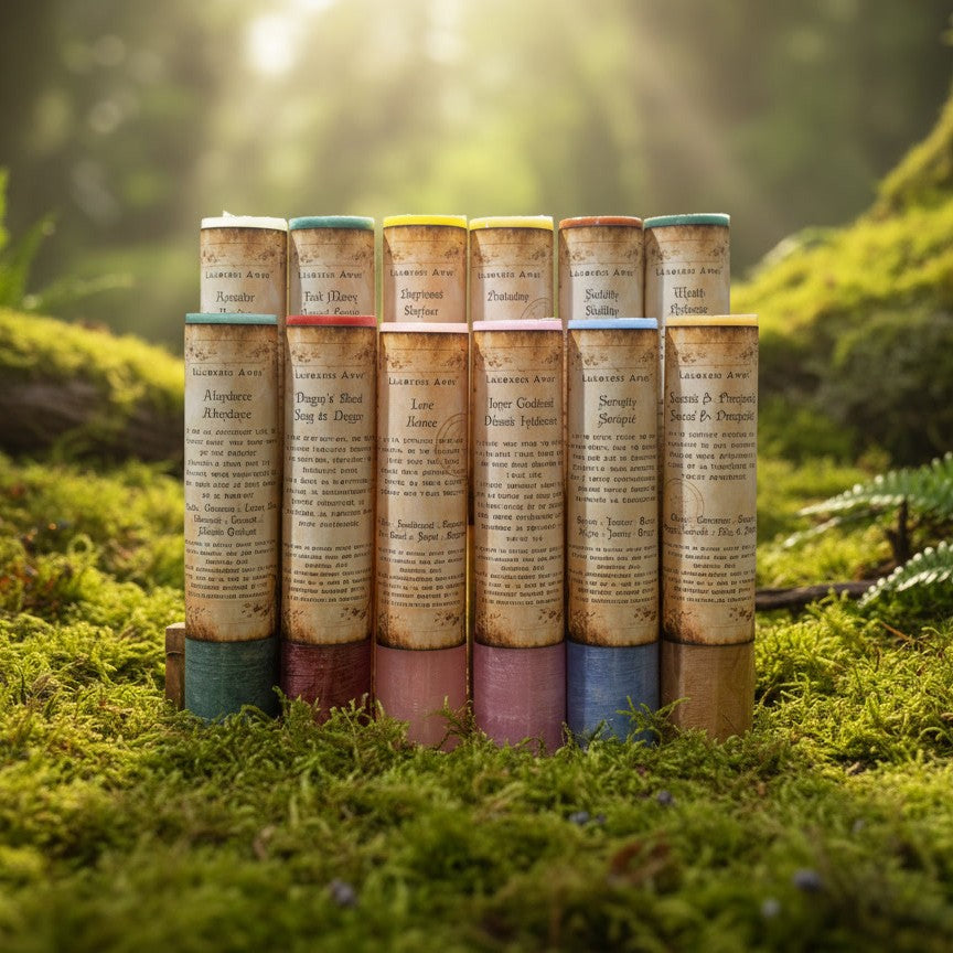 12 Handcrafted spell candles in - green, red, pink, light blue, gold, dark green, yellow, white, and brown 