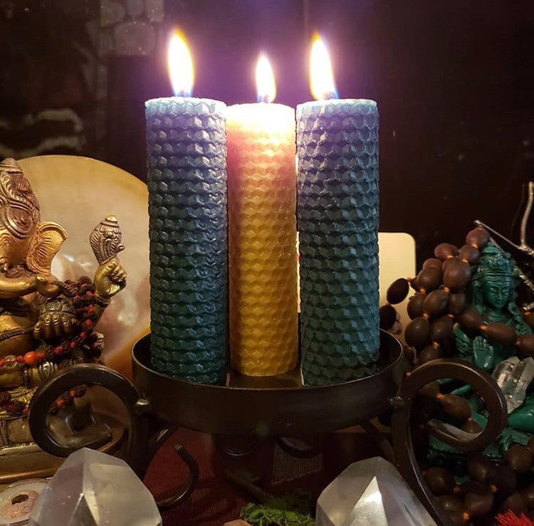 2 dark green and 1 gold beeswax spell candle handcrafted in ritual space