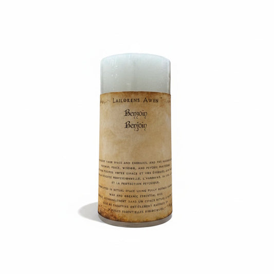 Handcrafted white scented spell candle made with benzoin and Used to purify the space and energies, and for business success, harmony, peace, wisdom, and psychic protection