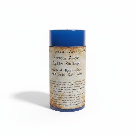handcrafted blue candle made with sandalwood, rose, and jasmine, and used for emotional balance