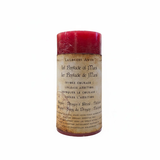 Handcrafted red scented spell candle made using benzoin, dragon's blood, and patchouli, and Used to increase your courage and unleash your ambition under any endeavour