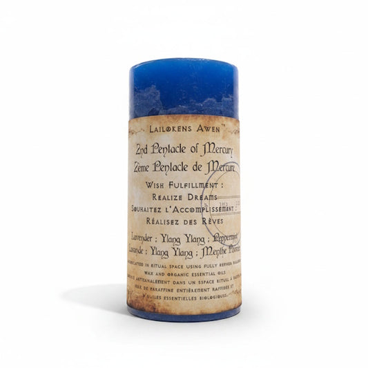 Handcrafted blue scented spell candle made with lavender, ylang ylang, and peppermint, and Used to achieve what it is you wish for, and to realize a dream you have for yourself