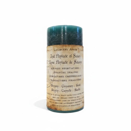 Handcrafted dark green scented spell candle made with benzoin, cinnamon and basil, and Used for success in business negotiations and all financial dealings, including increased business cash flow