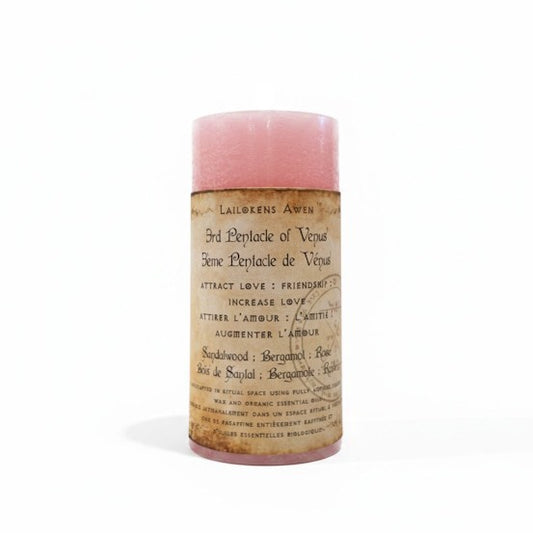 Handcrafted light pink scented spell candle made with sandalwood, beragmot, and rose, and Used to attract love and friendship, or to increase the love that you have