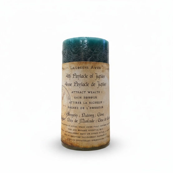Handcrafted dark green scented spell candle made with benzoin, nutmeg and clove bud, and Used to attract all manner of wealth, and to gain honour among your peers