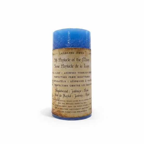 Handcrafted blue scented spell candle made using sandalwood, jasmine and rose, and Used prior to going to bed for restful sleep, protection against nightmares, and to gain the answers you seek through dreams