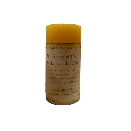 Handcrafted gold scented spell candle made with petitgrain and black pepper, and Used to protect yourself from physical attack and danger
