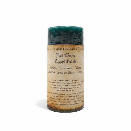 Dark Green handcrafted scented spell candle made with patchouli, cedarwood and vetiver, and used to attract money to you fast and can be used prior to gambling 
