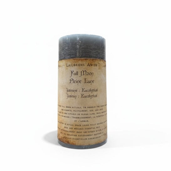 Handcrafted Gray scented spell candle made with jasmine and eucalyptus, and Used during your Full Moon rituals, to honour the Moon Goddess, and for growth, fulfillment, sex, and love
