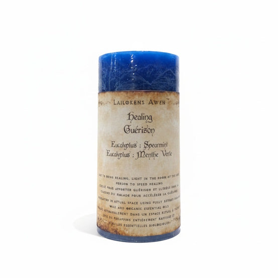 Handcrafted blue candle made with eucalyptus and spearmint and used to bring healing