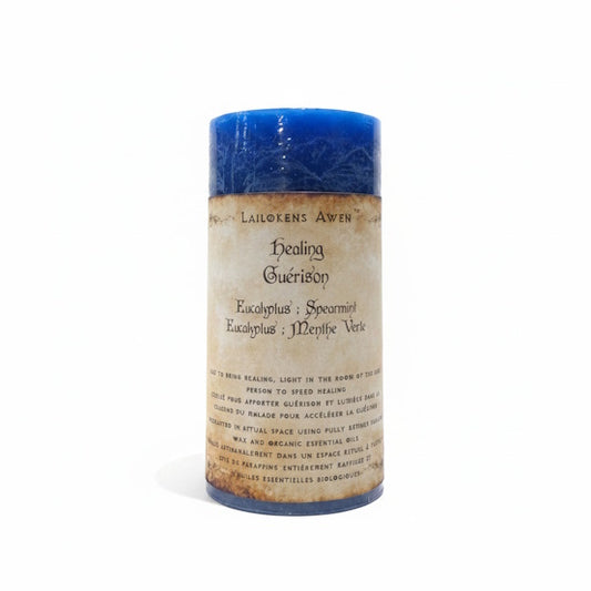 Handcrafted blue candle made with eucalyptus and spearmint and used to bring healing