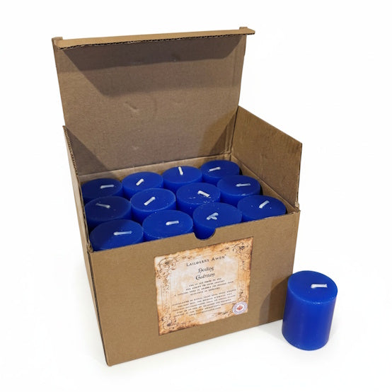A box of 24 Handcrafted blue votive spell candles made with eucalyptus and spearmint and used to bring healing