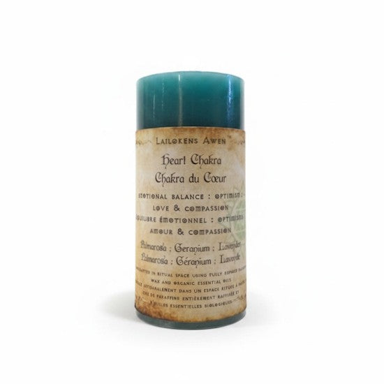 Handcrafted green candle made with palmerosa, geranium, and lavender, and Used to balance your heart chakra, and for emotional balance, optimism, love &amp; compassion, and healing