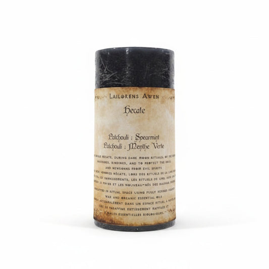 Handcrafted black scented spell candle made with patchouli and spearmint, and Used to honour Hecate, during Dark Moon rituals, or for endings, banishings, bindings, or to protect the home and newborns from evil spirits