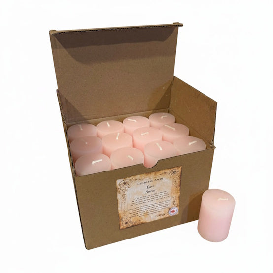 A box of 24 Light pink handcrafted scented votive spell candles made with rose, sandalwood and bergamot, and used to bring love and friendship to you, and to increase the love that you already have