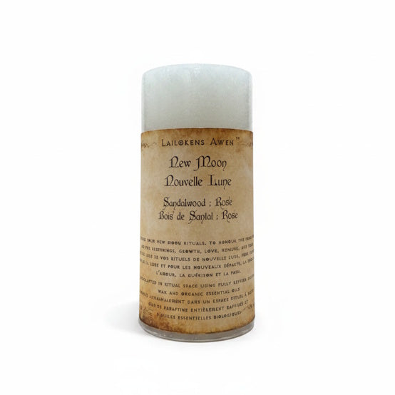 Handcrafted white scented spell candle made with sandalwood and rose, and Used during your New Moon rituals, to honour the Moon Goddess, and for beginnings, growth, love, healing, peace, and all other matters related to the New Moon