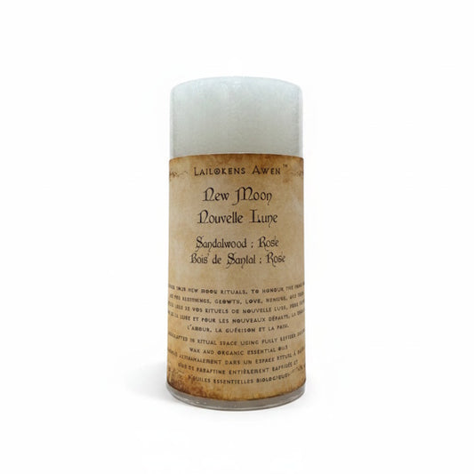 Handcrafted white scented spell candle made with sandalwood and rose, and Used during your New Moon rituals, to honour the Moon Goddess, and for beginnings, growth, love, healing, peace, and all other matters related to the New Moon