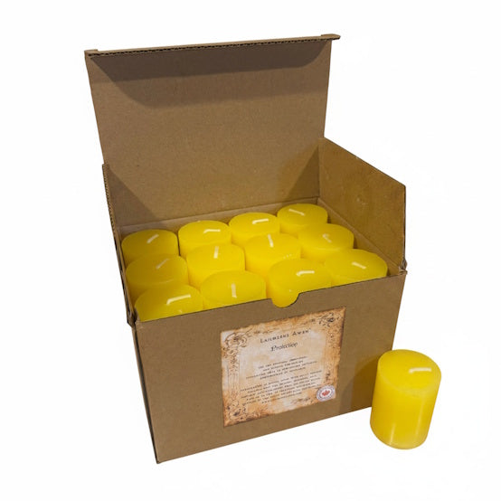 A box of Gold handcrafted scented votive spell candles made with petitgrain and black pepper, and used to bring emotional, psychic, physical and spiritual protection