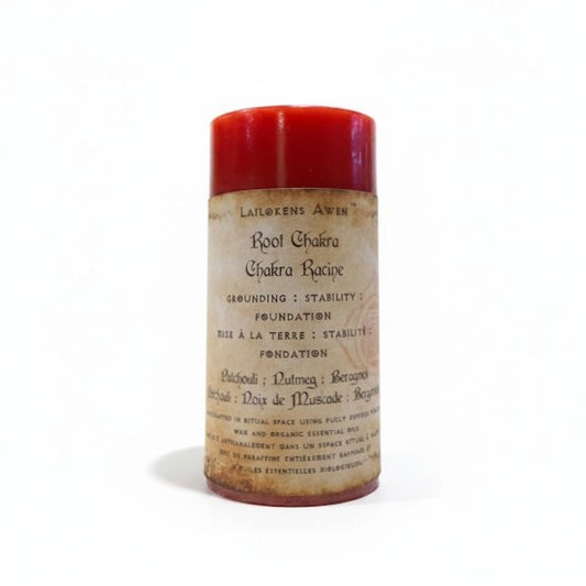 Handcrafted red candle made with patchouli, nutmeg and bergamot, and Used to balance your root chakra, and for grounding, stability, foundation, and success