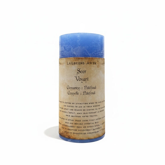 Handcrafted light blue scented spell candle made with cinnamon and patchouli, and Used prior to skrying or divination work to calm the mind, and during to aid in your working