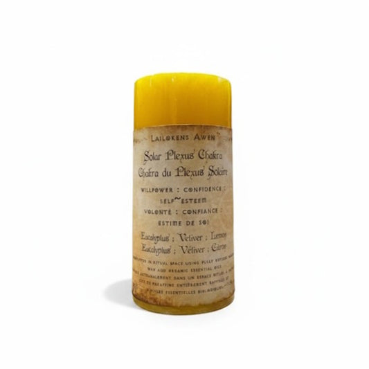 Handcrafted yellow candle made with eucalyptus, vetiver and lemon, and Used to balance your solar plexus chakra, and for willpower, confidence, self~esteem, and purpose