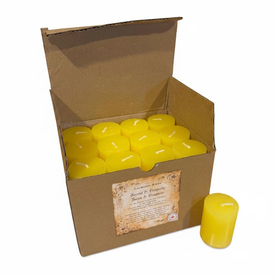 a box of 24 Gold handcrafted scented spell votive candles made with orange, cinnamon, and nutmeg, and used to bring success and prosperity in any endeavor 