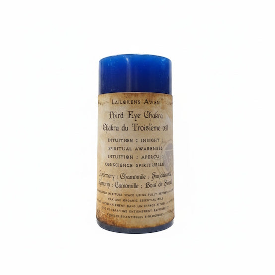 Handcrafted blue candle made with rosemary, chamomile and sandalwood, and Used to balance your third eye chakra, and for intuition, insight, spiritual awareness, and clarity