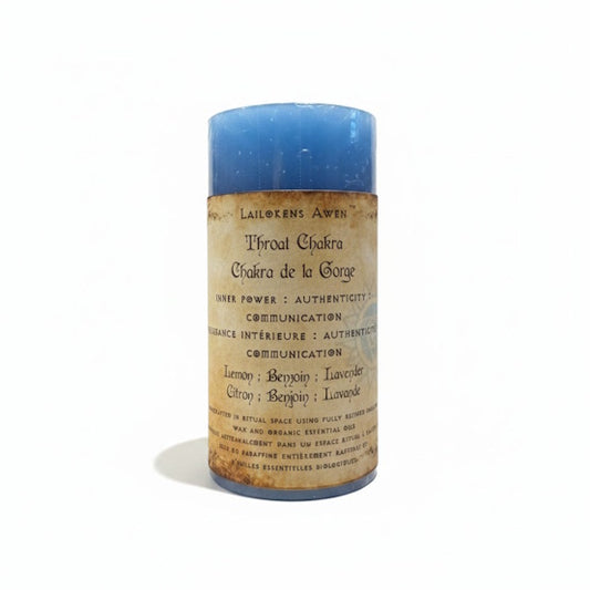 Handcrafted light blue candle made with lemon, benzoin, and lavender and Used to balance your throat chakra, and for inner power, authenticity, communication, empowerment, and expression
