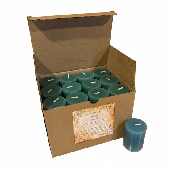 a box of 24 Dark green handcrafted scented votive spell candle made with benzoin, clove bud and nutmeg, and used to bring all manner of wealth to you