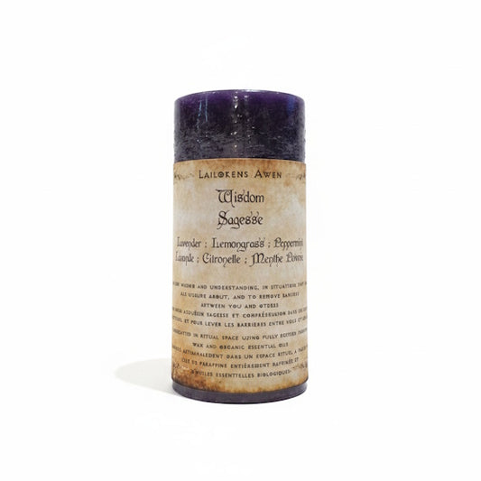Handcrafted dark purple scented spell candle made with lavender, lemongrass and peppermint, and Used for wisdom and understanding in situations that you are unsure about, and to remove barriers between you and others