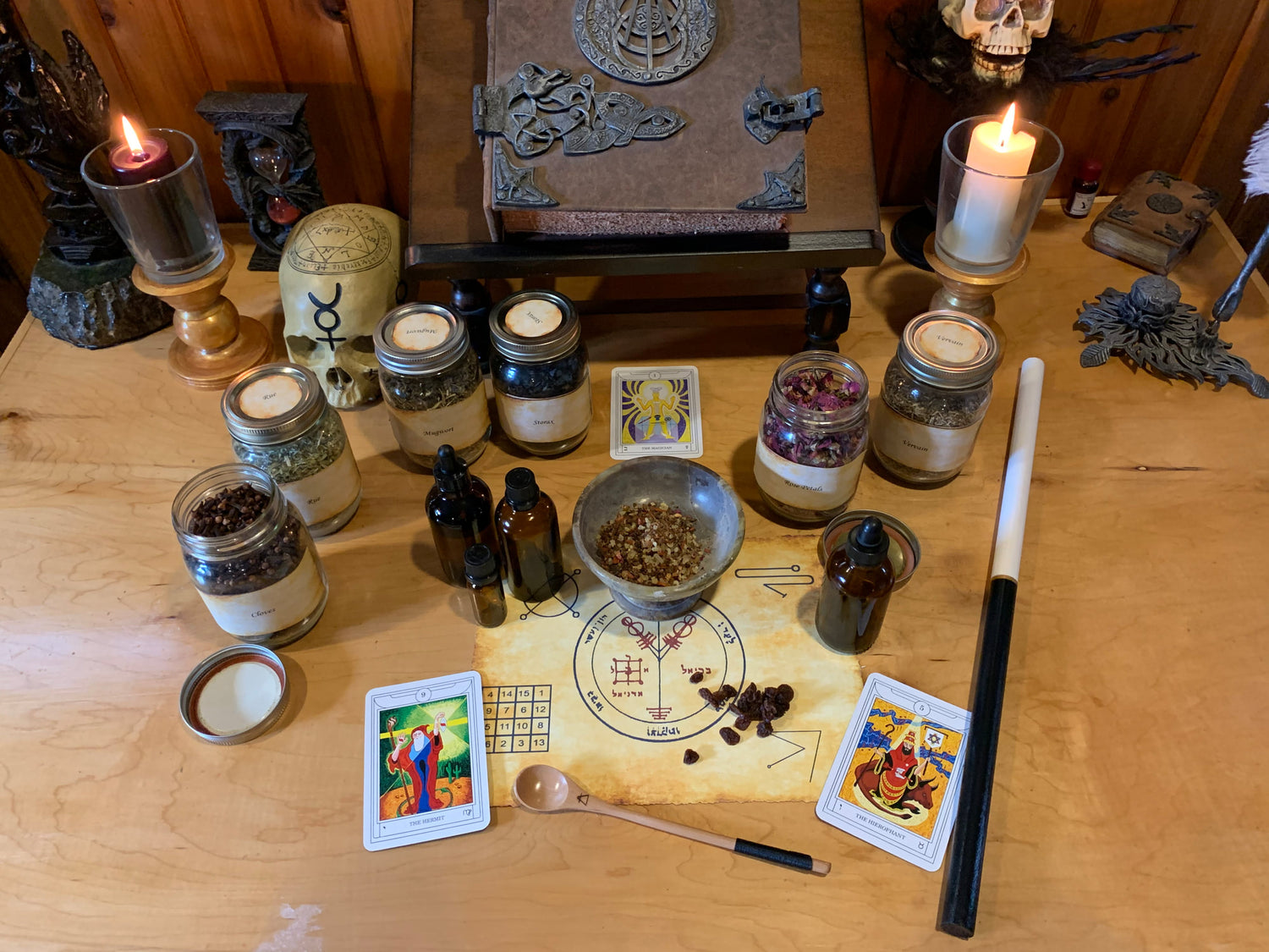 Lailokens Awen scented spell candles, beeswax spell candles, stick incense and anointing oils handcrafted in ritual space