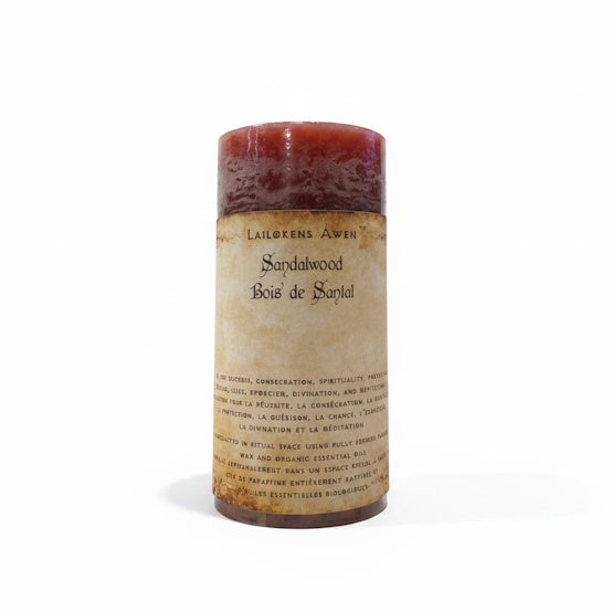 Handcrafted brownish-red scented spell candle made with sandalwood and Used in your environment for success, consecration, spirituality, protection, healing, luck, exorcism, divination, and meditation