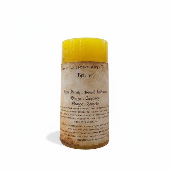 Handcrafted yellow scented spell candle made with orange and cinnamon, and Used to illuminate your inner beauty, and to remove self-defeating thoughts, allowing others to see who you truly are