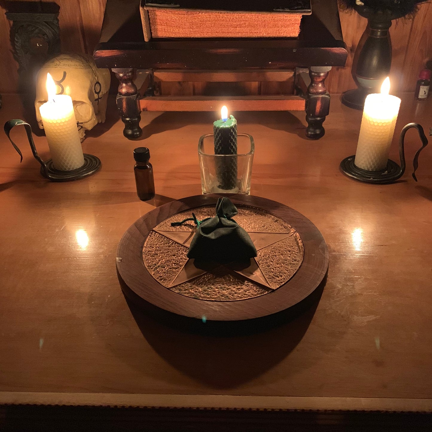 dark green beeswax spell candle handcrafted in ritual space